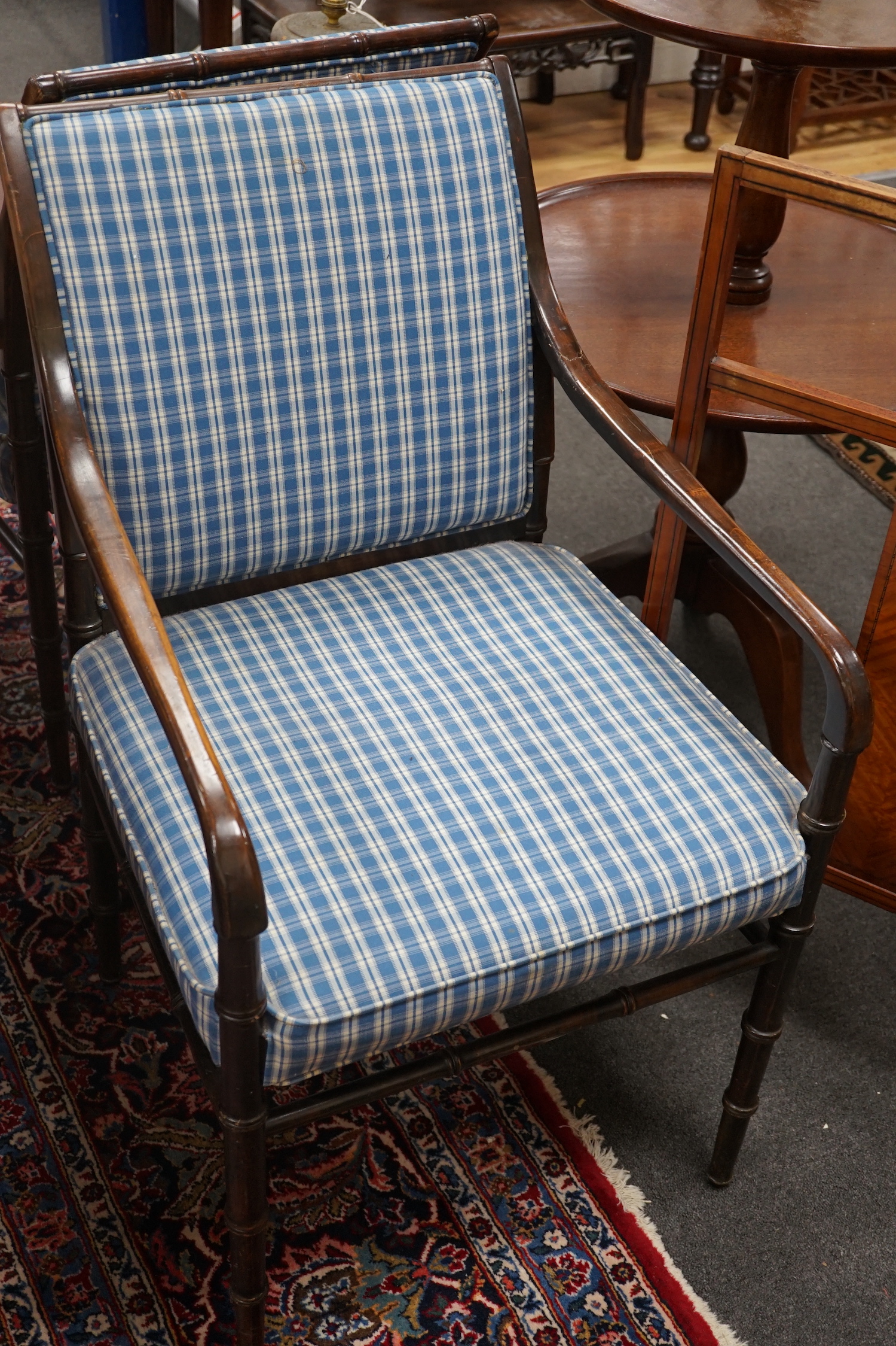 A pair of Regency style beech faux bamboo elbow chairs, width 51cm, depth 48cm, height 89cm